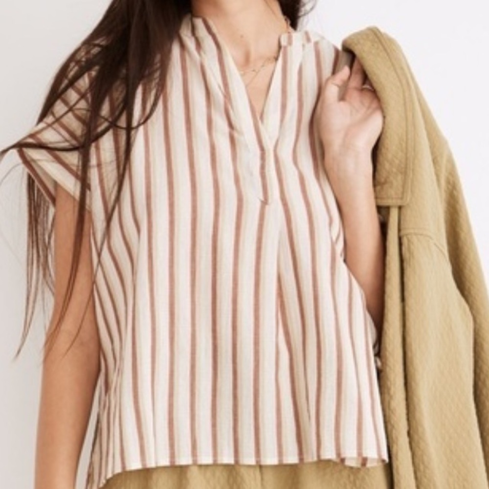 Madewell Lakeline Crinkle Cotton Multi Stripe Popover Top V Neck Blouse Easy Fit